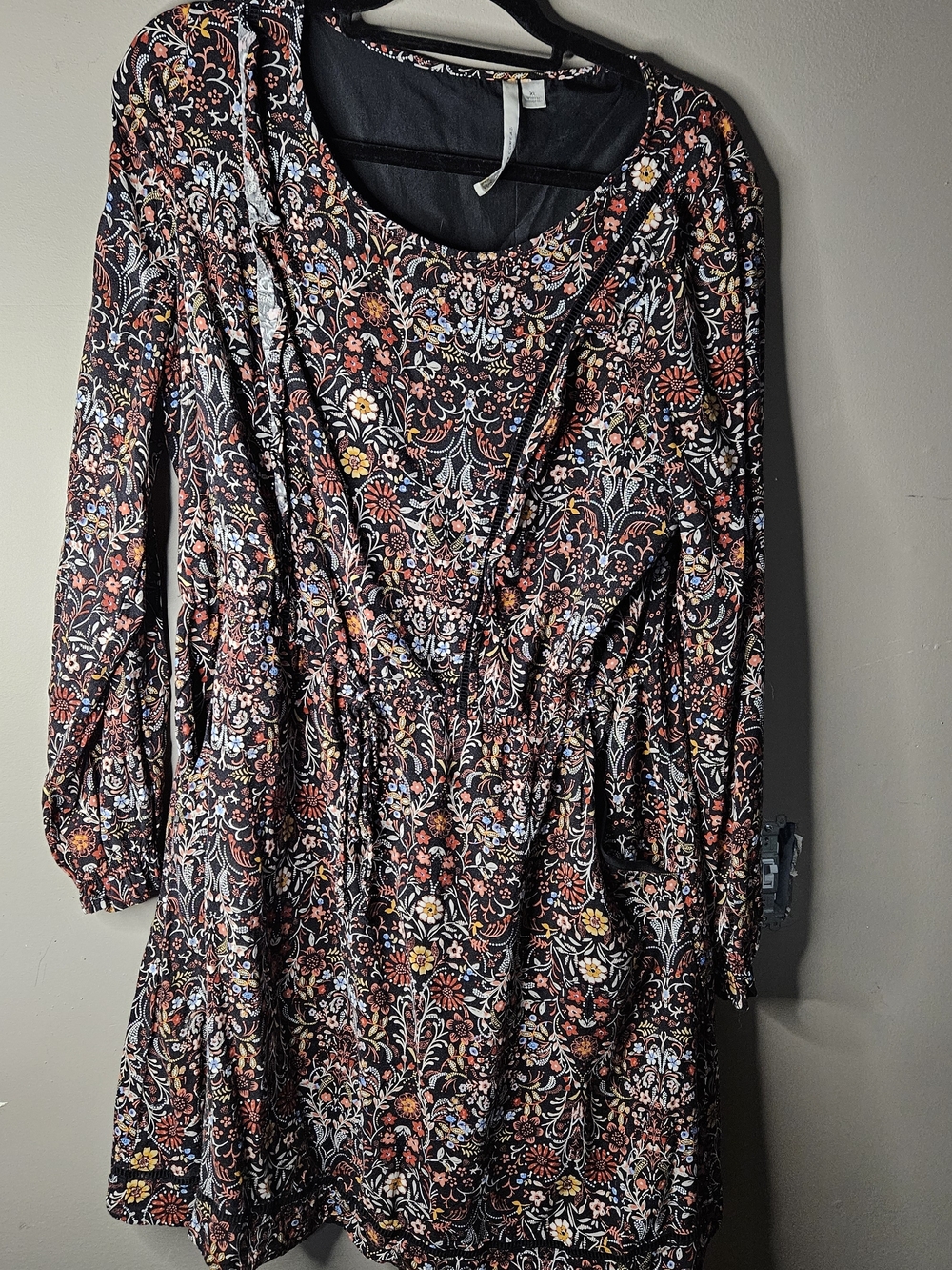 LC Lauren Conrad Black Floral Midi Dress with Rust and Cream Accents